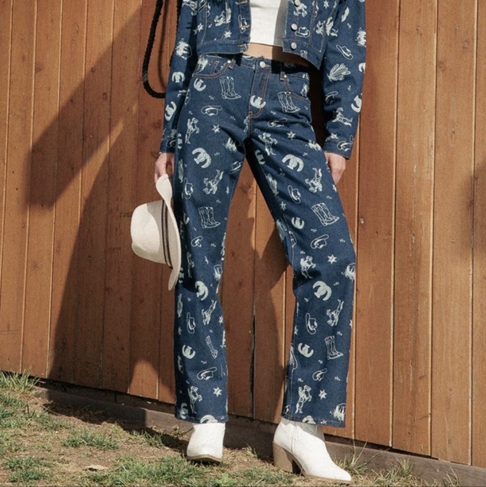 Blue Printed Women's Straight-Leg Jeans